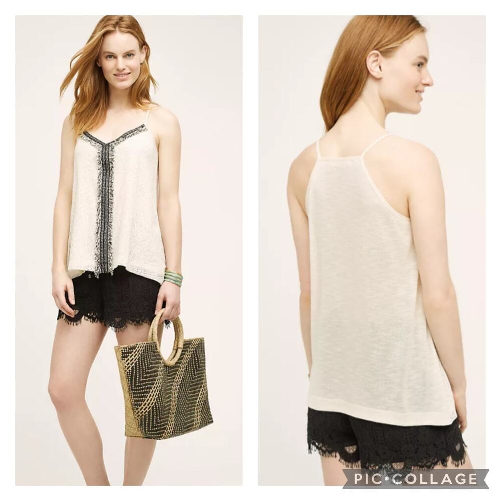 Anthropologie Akemi Kin Fringed Lace Tank Cream Black Size Small
